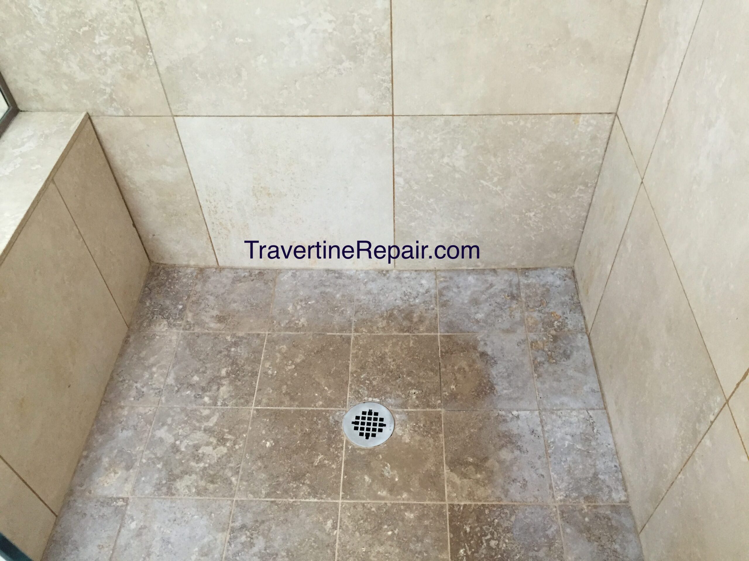 Travertine Shower Before Cleaning & Sealing
